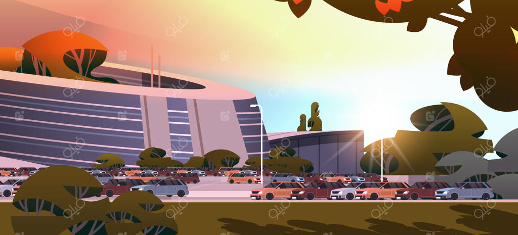 شهر آینده با معماری مدرن و ساختمان‌های غیرمعمول در کنار درختان سبز در پس‌زمینه غروب شهری – تصویر برداری افقی