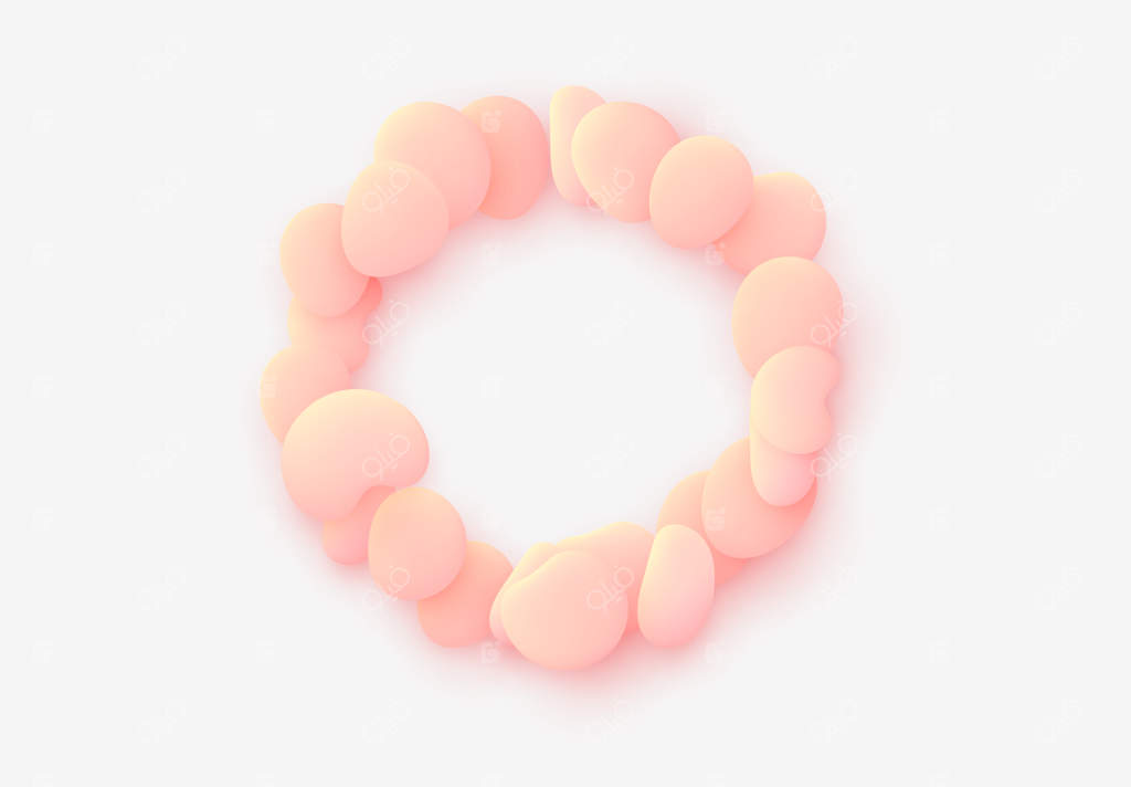 کره صورتی روی پس‌زمینه ایزوله: عناصر طراحی با شکل‌های گرد و پلاستیکی، سنگ‌های صاف دریایی و حباب‌های صافی مایع. اشیاء سه‌بعدی سیال و الگوهای مدرن مواد ارگانیک.