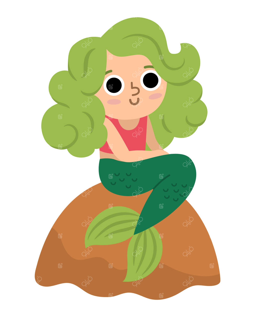 پری دریایی افسانه‌ای با موهای سبز نشسته روی صخره - دختر فانتزی در پس‌زمینه سفید - شاهزاده دریایی افسانه‌ای - آیکون جزیره گنج یا تم دزدان دریایی - شخصیت دخترانه زیبا