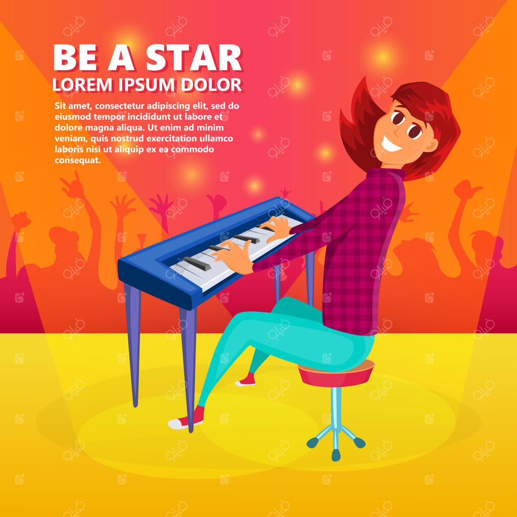 دختر در حال نواختن پیانو. پس‌زمینه کنسرت پیانو. تصویر کارتونی دختری نوجوان که در کنسرتی روی صحنه پیانو می‌نوازد.