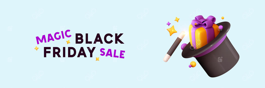 حراج جمعه سیاه - بنر افقی آبی، پوستر وب. کلاه جادویی با عصای شعبده‌باز. جعبه هدیه سورپرایز درون. طراحی سه‌بعدی واقعی. تصویر برداری.