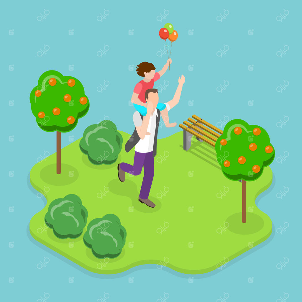 تصویر ایزومتریک سه‌بعدی از پدر و پسر خوشحال، وقت‌گذرانی شاد و مفرح