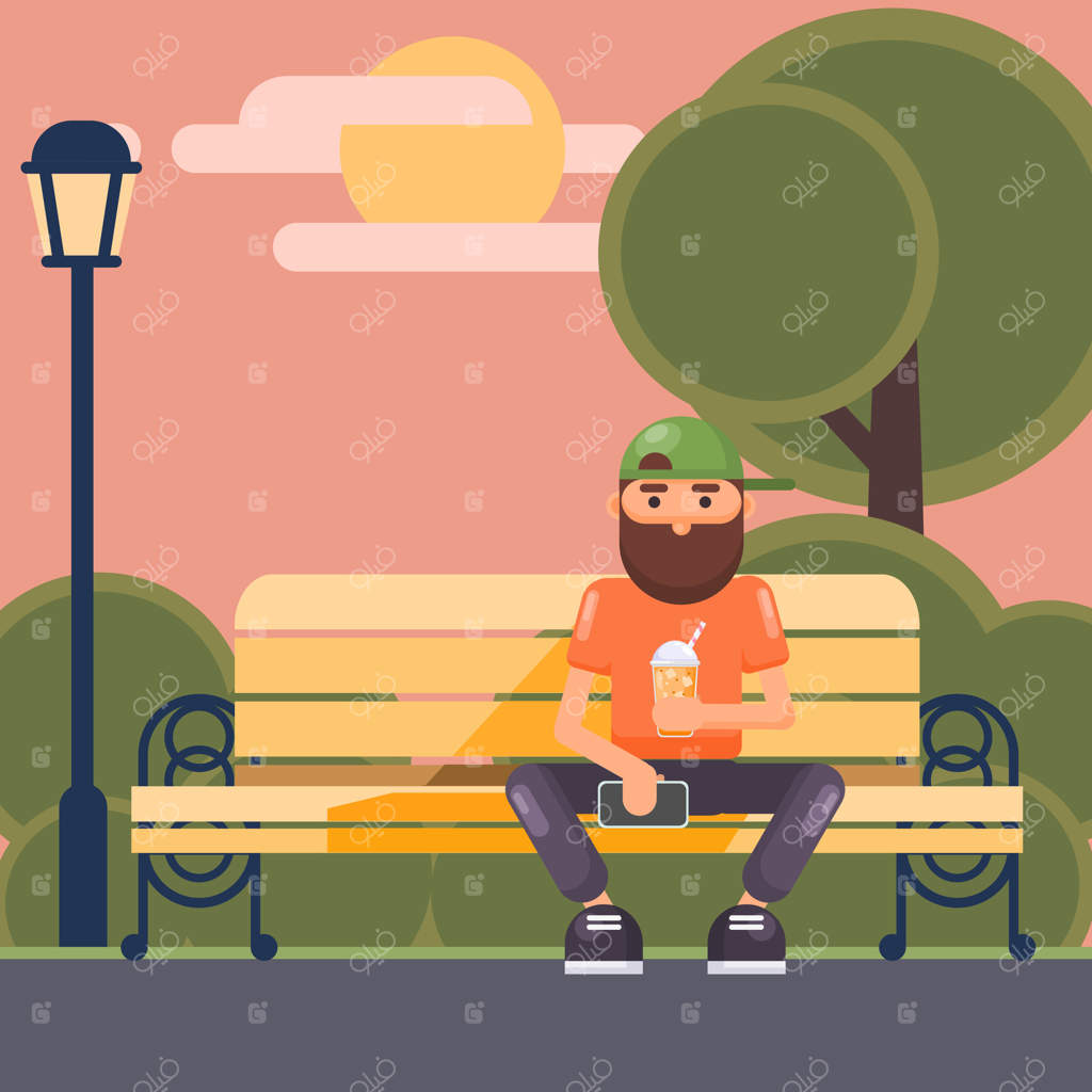 مردی با گوشی هوشمند در حال تلف کردن وقت در باغ