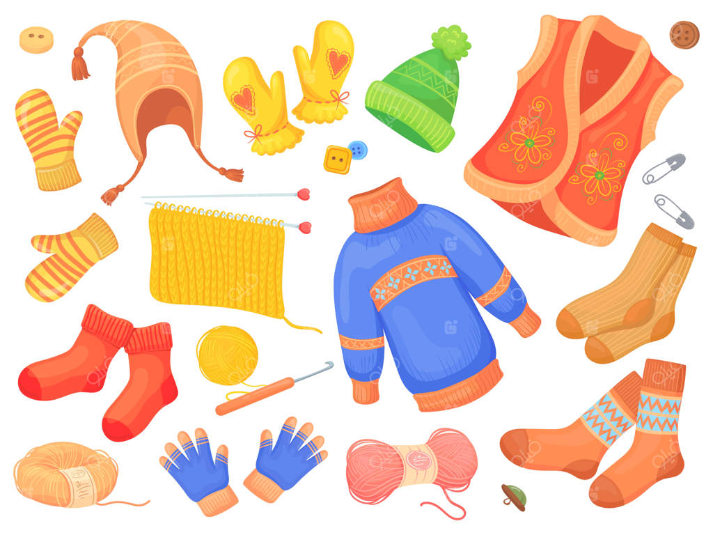 کارتون لباس‌های بافتنی پشمی: لباس‌های زمستانی، جوراب پشمی، ژاکت، شال‌گردن، پلیور، جامپر. لباس‌های گرم بافتنی پشمی. لباس‌های گرم و راحت در طرحی زیبا.