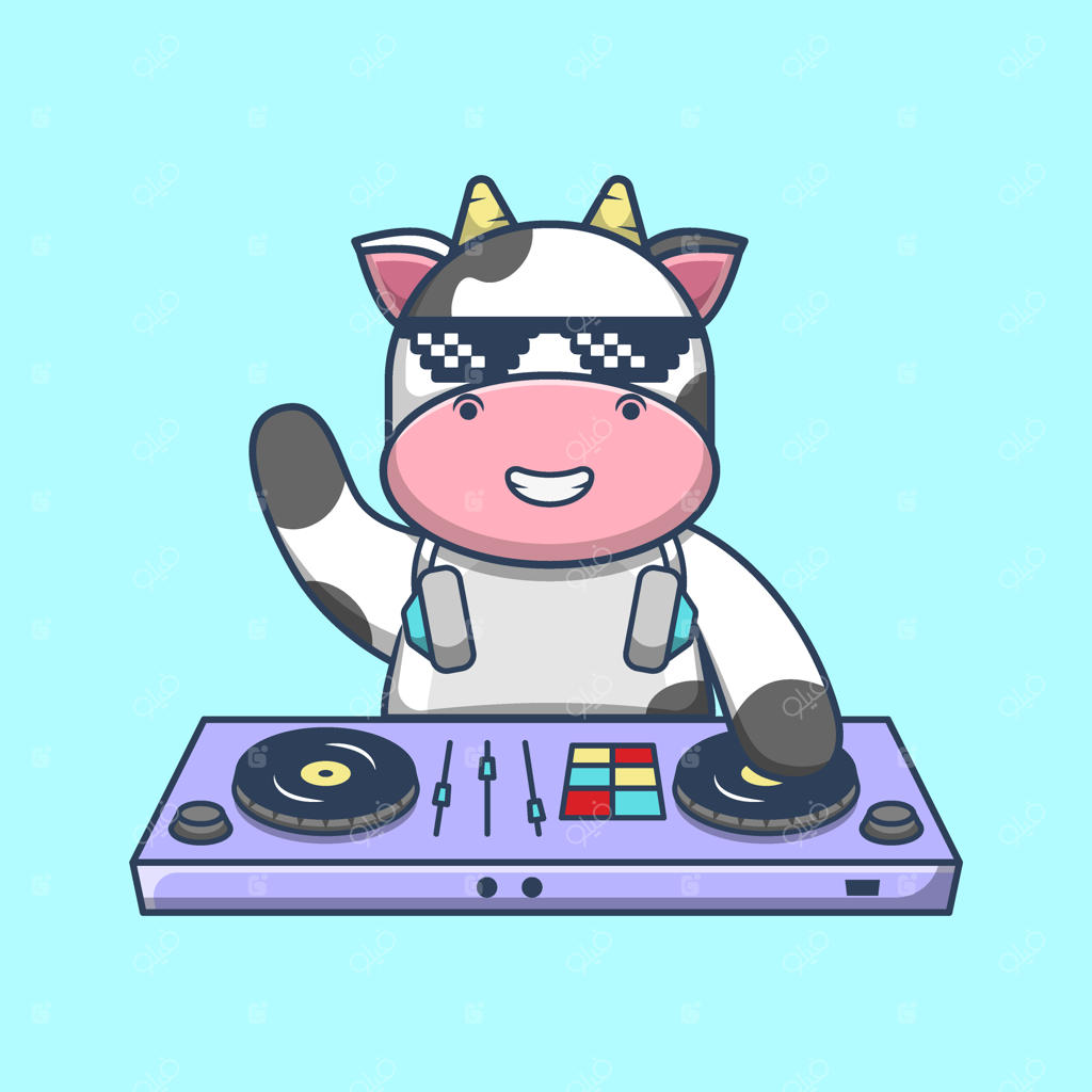 تصویر کارتونی گاو بامزه با میکسر موسیقی - وکتور پریمیوم به سبک تخت