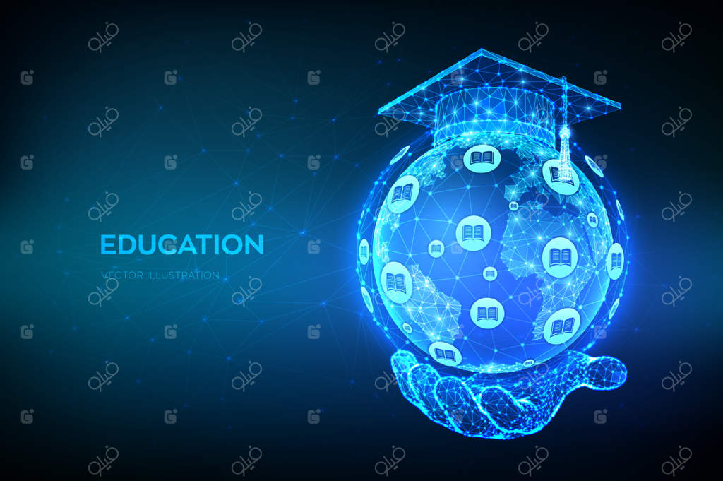 کلاه فارغ‌التحصیلی چندضلعی بر فراز کره زمین در دست. مفهوم آموزش الکترونیکی. آموزش آنلاین.