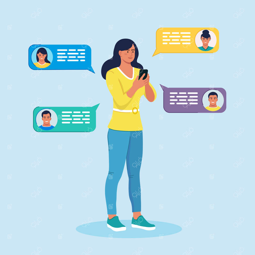 زن در حال مکالمه با تلفن همراه: اعلان پیام‌های جدید چت بر روی تلفن، حباب‌های پیامک.