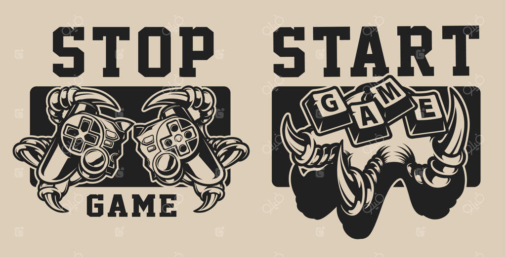 مجموعه‌ای از تصاویر با موضوع بازی، همراه با جوی‌استیک بر پس‌زمینه سفید و سیاه