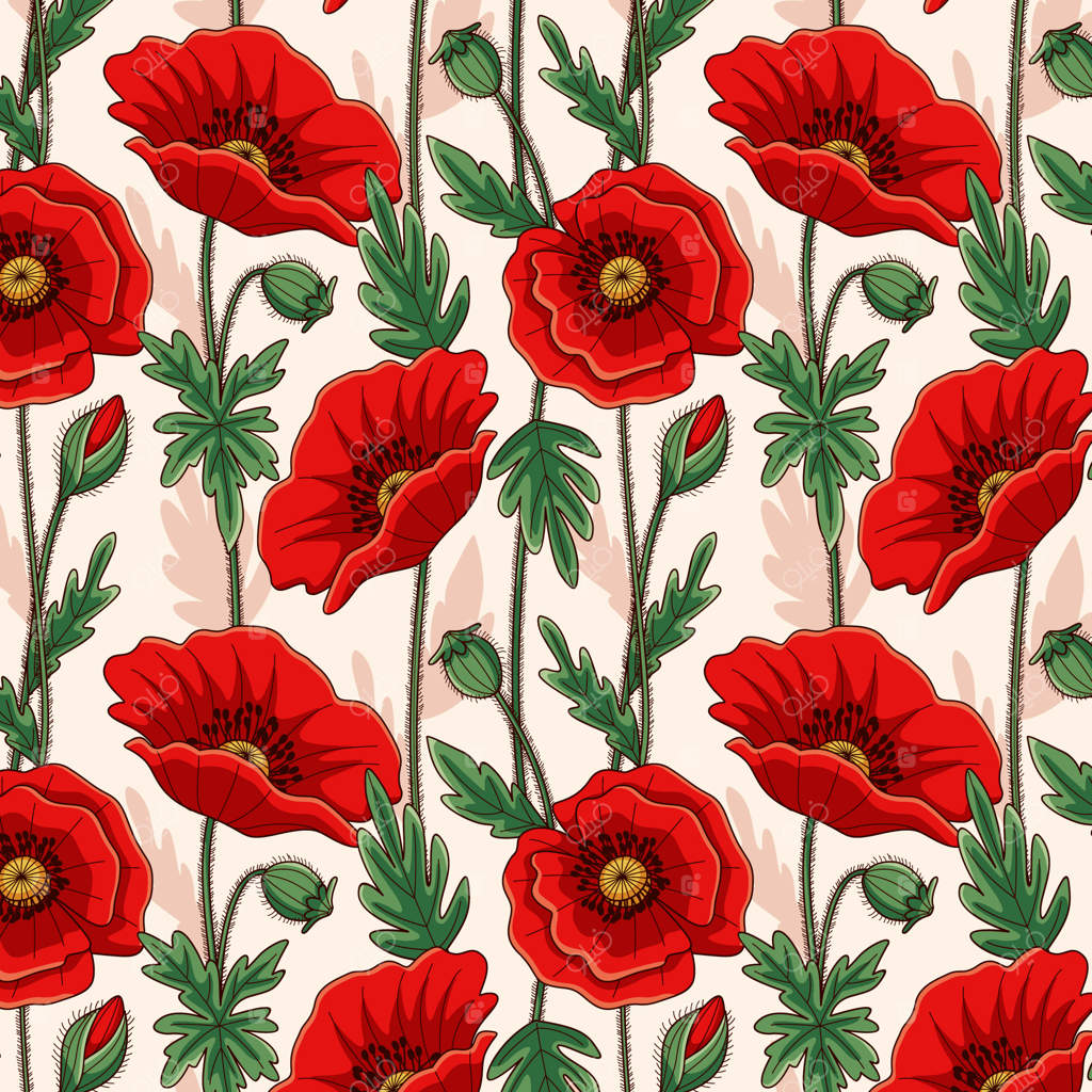 طراحی پترن گل شقایق نقاشی شده با دست