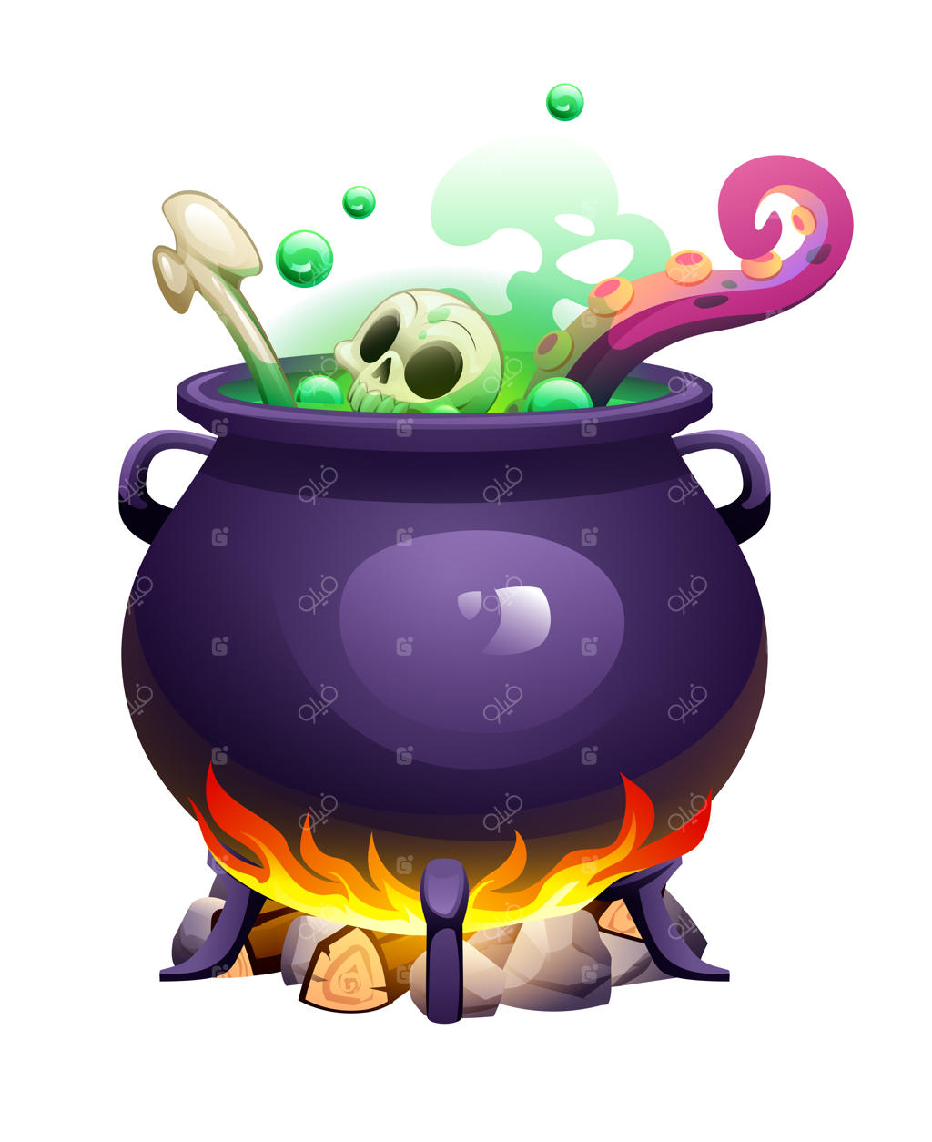 وکتور کارتونی دیگ جادوگر و معجون سبز جوشان با جمجمه و شاخک روی آتش