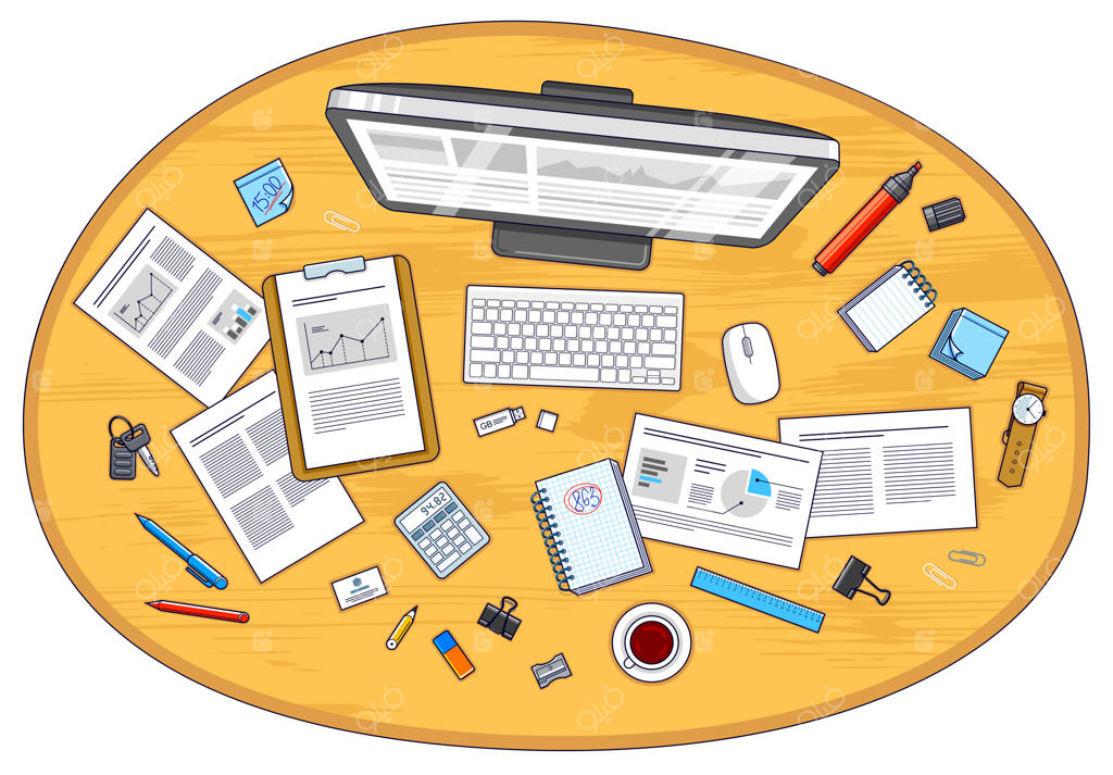 میز کار اداری یا کارآفرینی با کامپیوتر و نمودارهای تحلیلی و لوازم اداری روی میز. هر عنصر به‌راحتی به‌صورت جداگانه قابل استفاده است. وکتور.
