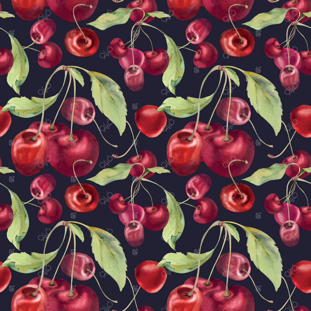 گیلاس ترش و شیرین قرمز با برگ‌های سبز، نقاشی شده با آبرنگ، میوه باغی به صورت خوشه‌ای بر روی شاخه‌ها. تصویر پس‌زمینه با پترن بی‌وقفه. منوی رستوران، کافه، عروسی و بازار کشاورزان.