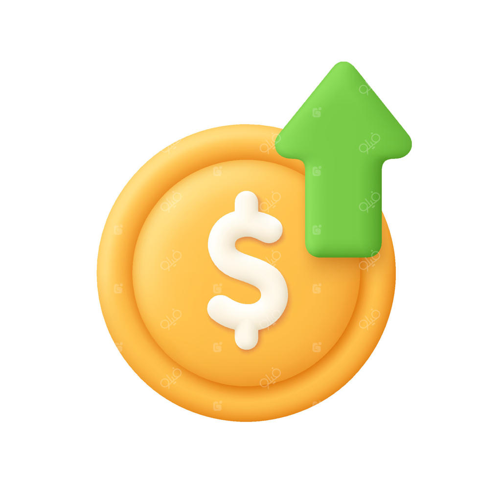 سکه دلار با پیکان رشد: مفهوم سرمایه‌گذاری، تراکنش‌های مالی و رشد کسب‌وکار. آیکون سه‌بعدی به سبک کارتونی و مینیمال.