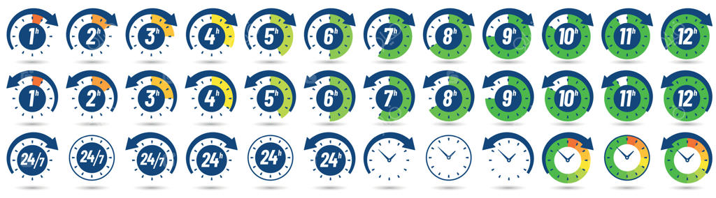 آیکون ساعت‌های رنگی: تایمر از ۱ تا ۱۲ ساعت، برچسب زمان گذشته و آینده با عقربه. مجموعه آیکون‌های ساعت، ۲۴/۷ و ۲۴ ساعته.