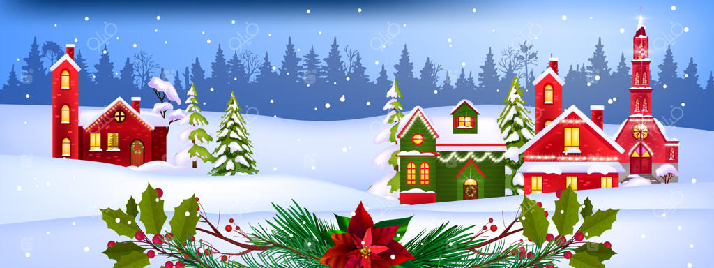 چشم‌انداز زمستانی کریسمس با خانه‌های روستای تزئین‌شده، درختان کاج و جنگل برفی
