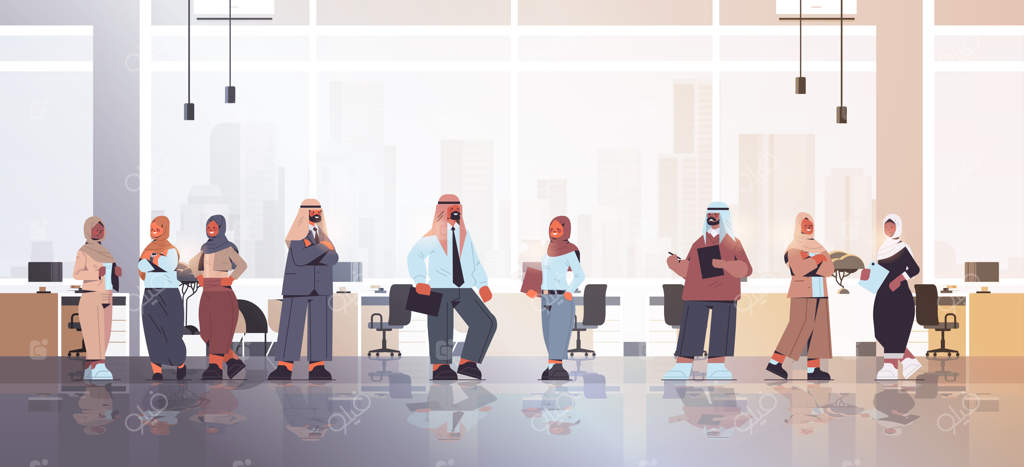 گفتگو میان تاجران عرب در جلسه - تیم موفق عرب در حال بحث در اداره (تصویر کامل)