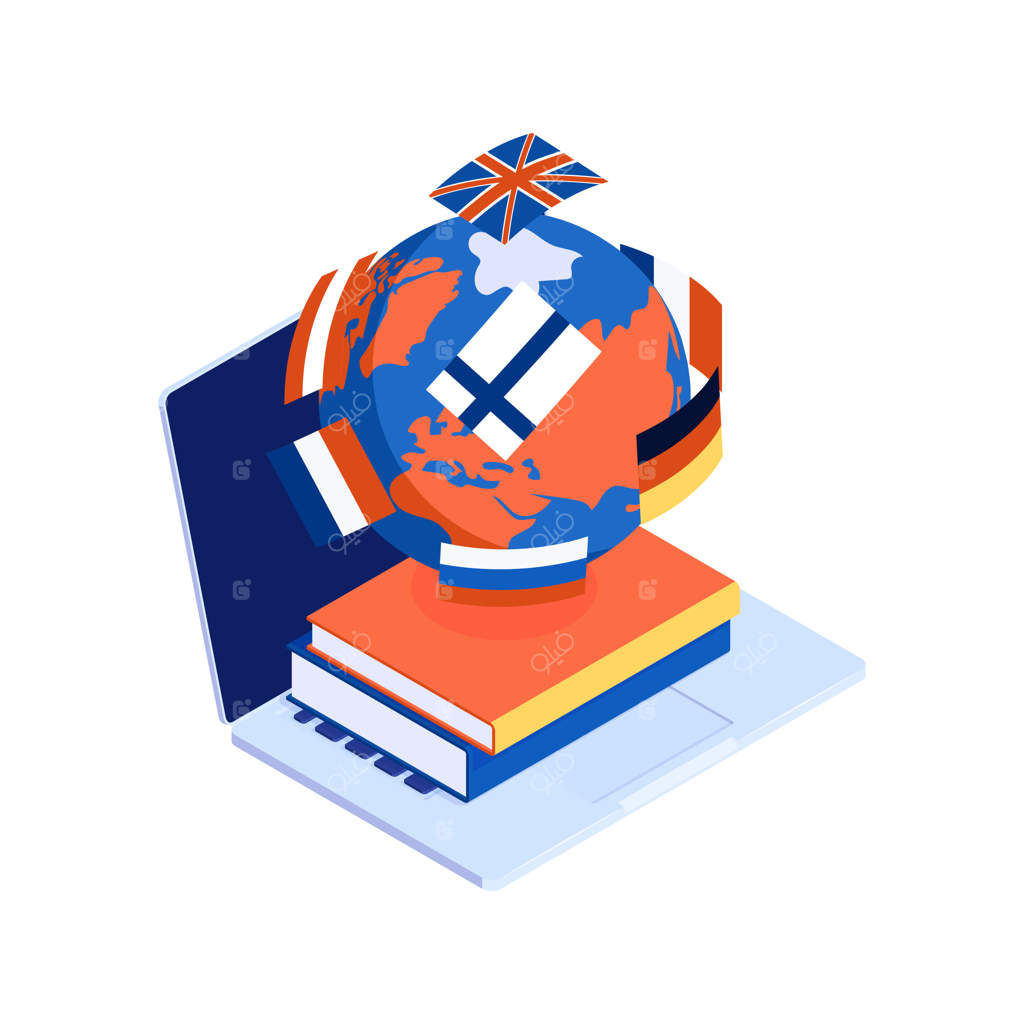 کتابخانه آنلاین با کتاب‌هایی به زبان‌های خارجی مختلف - مفهوم ایزومتریک سه‌بعدی