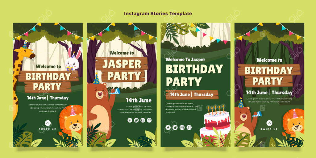 مجموعه استوری اینستاگرام جشن تولد در جنگل کارتونی با نقاشی دست‌ساز