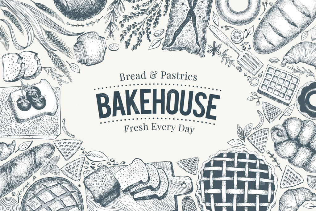 قاب از نمای بالا نانوایی. تصویرسازی دستی نان و شیرینی