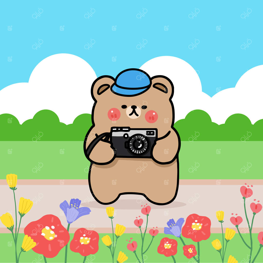 خرس کارتونی در باغ در حال سفر و دوربین به‌دست، برای گرفتن عکس، تصویرسازی مسطح