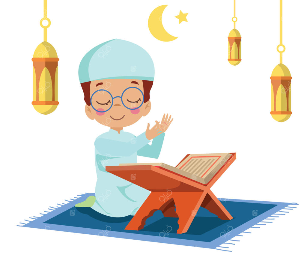 پسر بامزه و خوشحال در حال خواندن قرآن