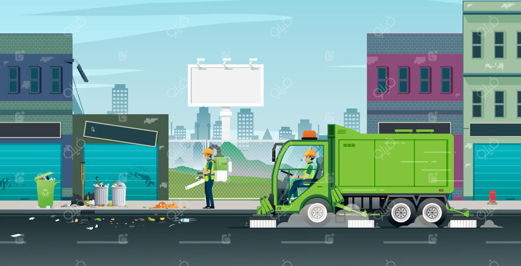 ماشین جاروب و کارگران در حال تمیز کردن خیابان‌های شهر