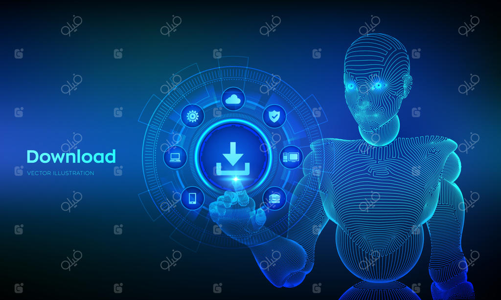 دانلود ذخیره‌سازی داده‌ها: دانلود ابری، نصب نشانگر، لمس رابط دیجیتال توسط دست سایبورگ.