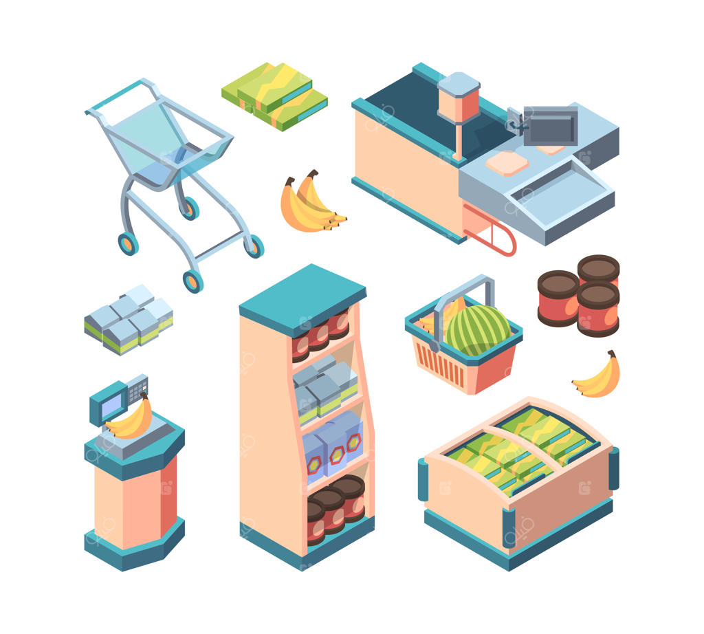 مجموعه ایزو متریک تجهیزات سوپر مارکت: چرخ خرید، قوطی‌های قهوه، صندوق با رایانه، نوار نقاله، نقطه خدمات خودکار، ترازو با موز، یخچال و کابینت مواد غذایی.
