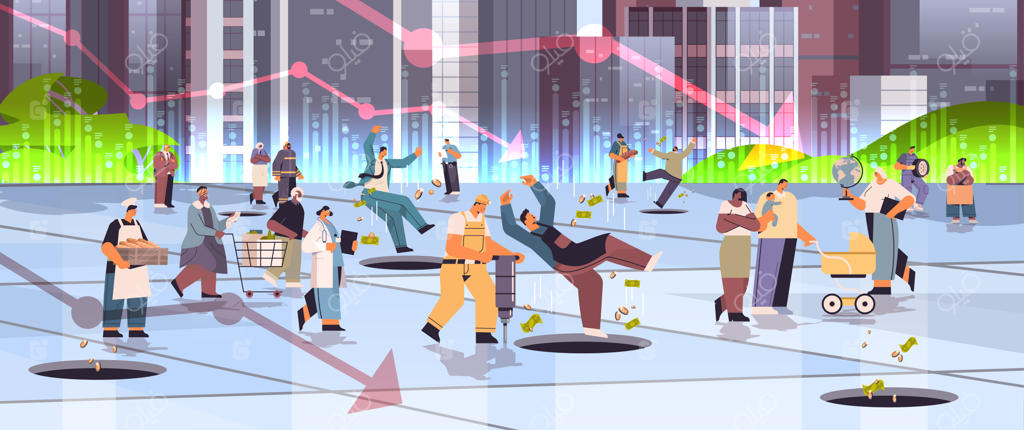 فروپاشی اقتصاد: تصویر افرادی از مشاغل مختلف در حال نزدیک شدن به چاه‌های باز و بحران مالی جهانی