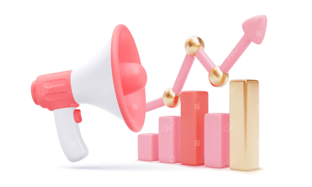 گراف میله‌ای در حال رشد با فلش رو به بالا و بلندگو روی زمینه سفید. تصویرسازی