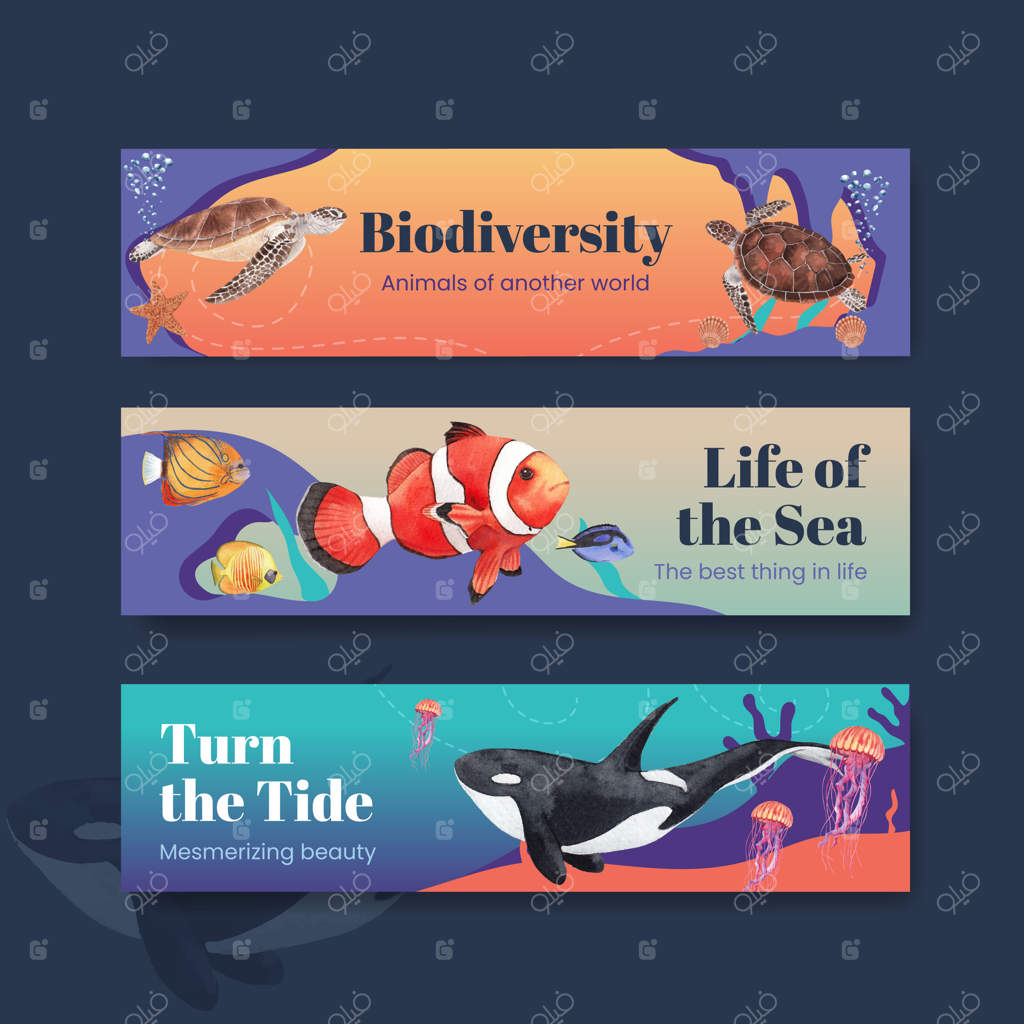 بنر با طراحی مفهومی زندگی دریایی به سبک آبرنگ