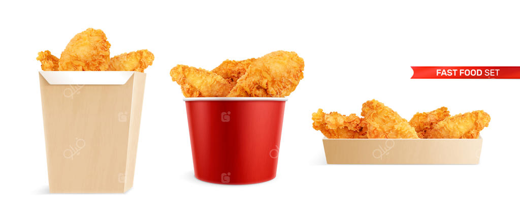 مجموعه واقعی سطل‌های فست فود مرغ با تصاویر جلویی جداگانه از بال‌های مرغ در جعبه‌ها - تصویر وکتور
