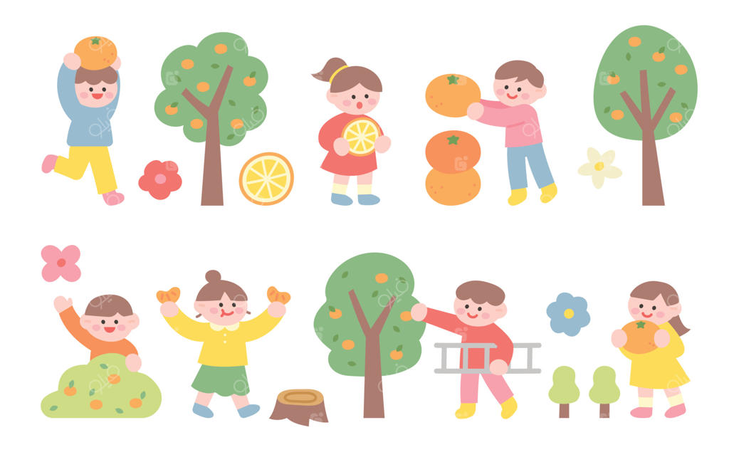 بچه‌های دوست‌داشتنی در حال لذت بردن از چیدن نارنگی هستند.