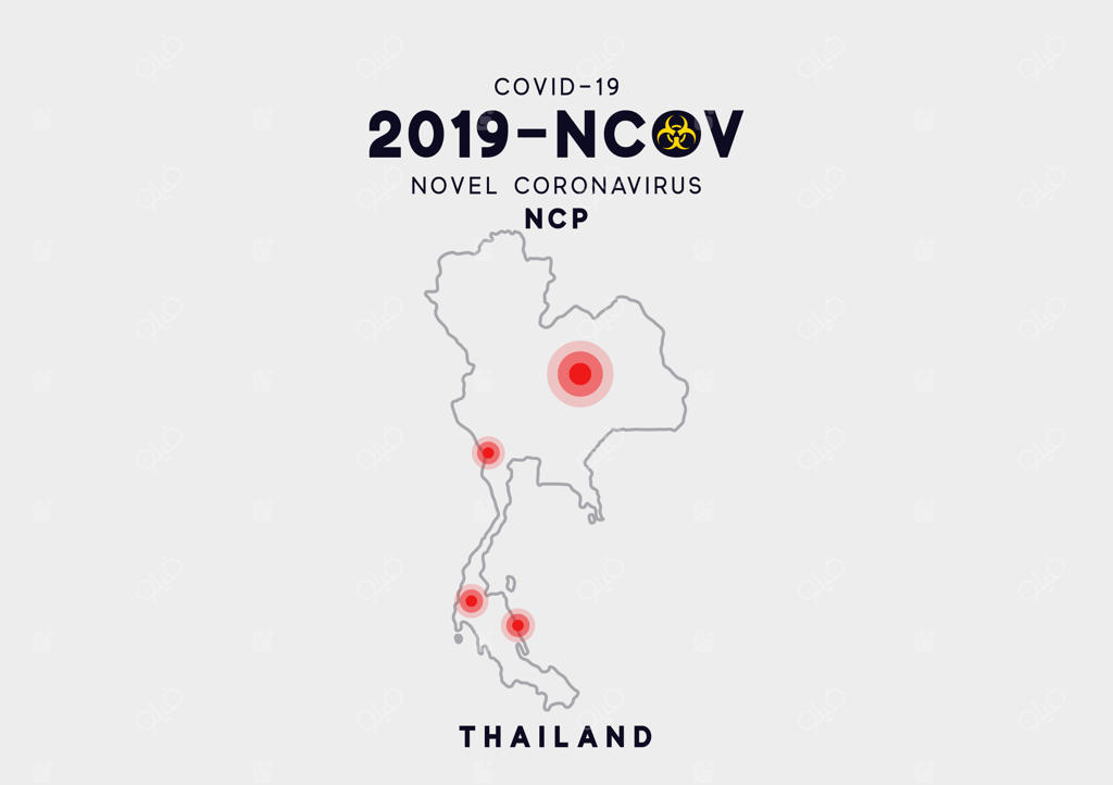اینفوگرافی نقشه تایلند، محل شیوع ویروس کووید ۱۹. ویروس کرونای جدید (2019-nCov) با منشاء چین. این ویروس عامل بیماری‌های تنفسی و دارای RNA تک رشته‌ای است.