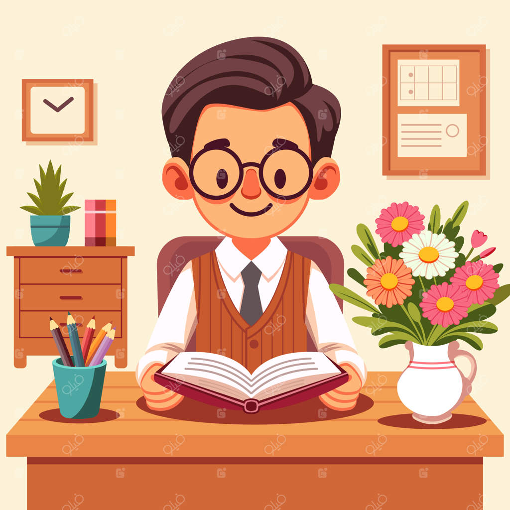 یک مرد جوان سرزنده در حال خواندن کتاب پشت میز نشسته است