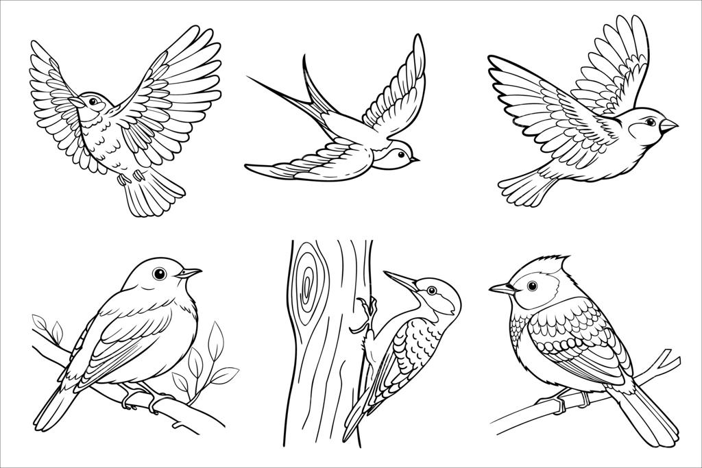 مجموعه‌ای از شش پرنده دستی رسم شده در حالت‌های مختلف. این پرنده‌ها شامل گنجشک، فنچ و دارکوب هستند که به صورت طرح‌های سیاه و سفید نقاشی شده‌اند.