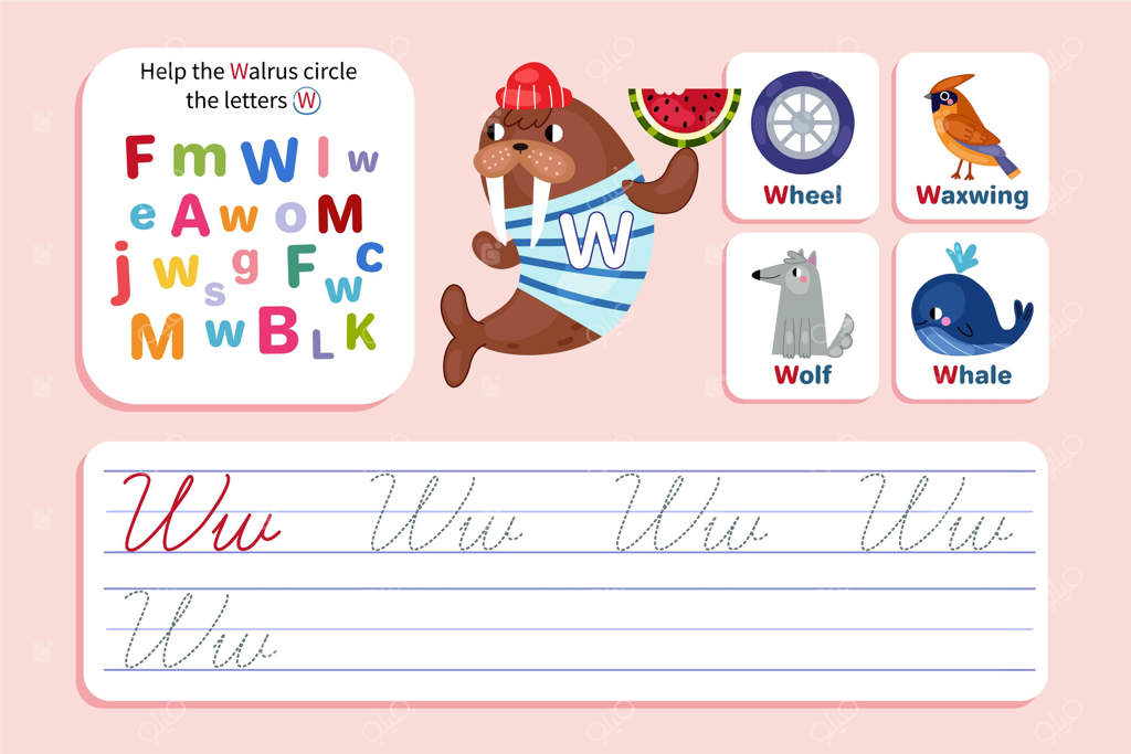 برگه تمرین حرف W با تصویر گراز دریایی
