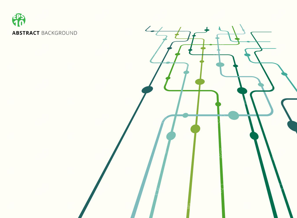 پس‌زمینه فناوری انتزاعی با خطوط منحنی و نقاط سبز رنگ و فضای خالی. طراحی مسطح.