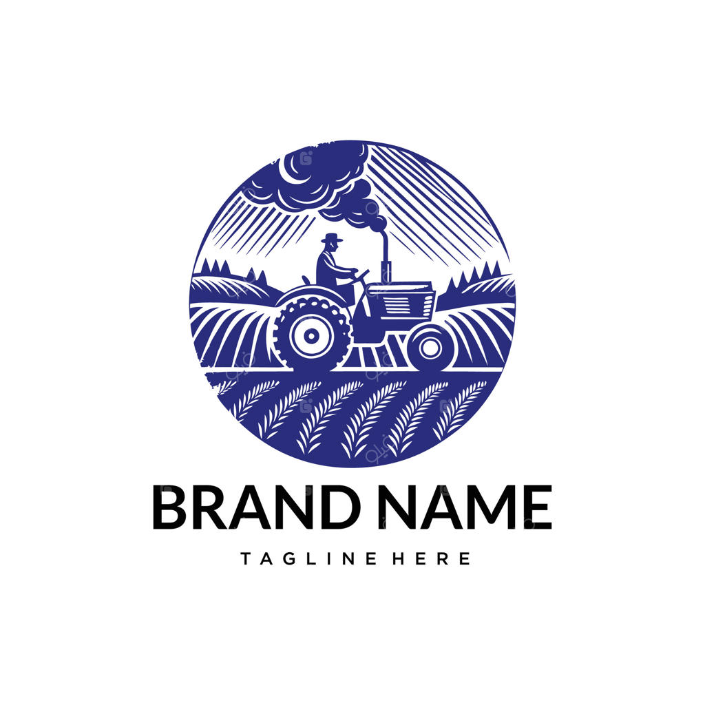 لوگوی کشاورزی با طرح تراکتور آبی و سبک کلاسیک