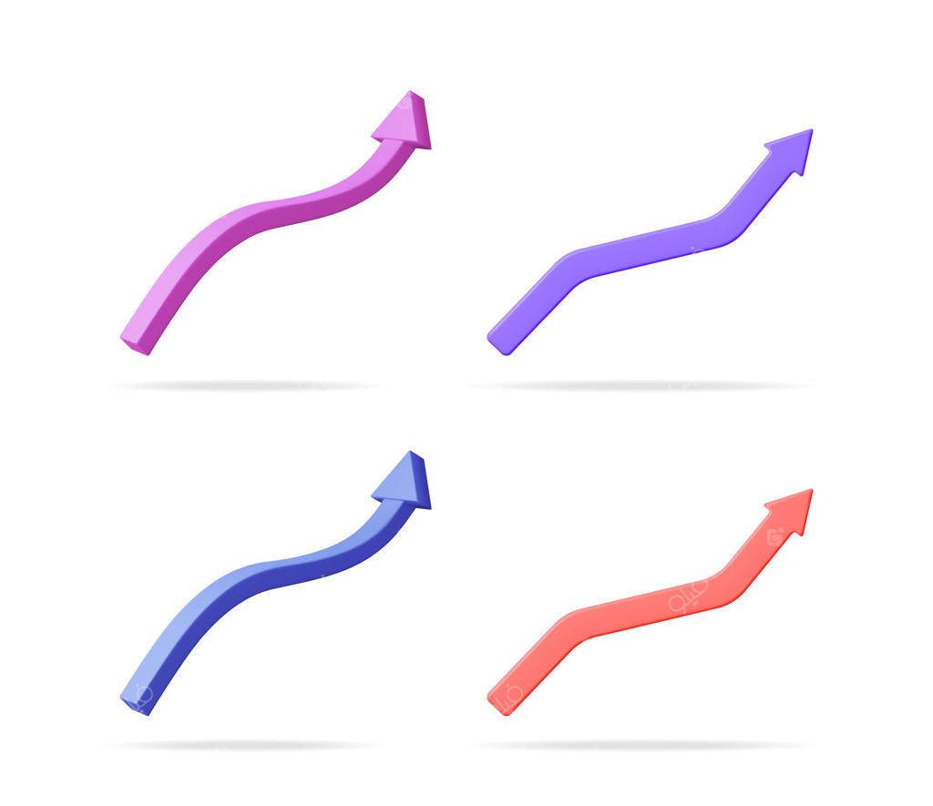 چهار فلش موج‌دار رنگارنگ به سمت بالا: فلش‌های سه‌بعدی برای رشد کسب‌وکار، موفقیت مالی و مفهوم بازاریابی.