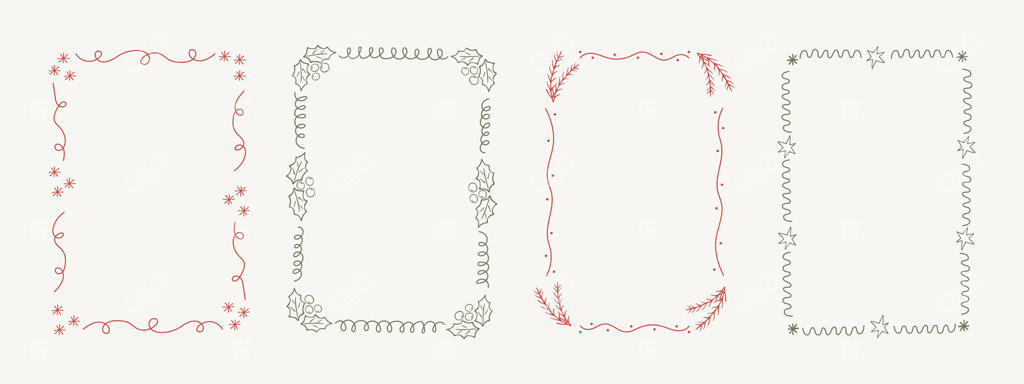 مجموعه‌ای از قاب‌های دست‌کشیده جشن کریسمس و سال نو، ایده‌آل برای کارت‌های تبریک، دعوت‌نامه‌های تعطیلات، بنرها یا طراحی پس‌زمینه.