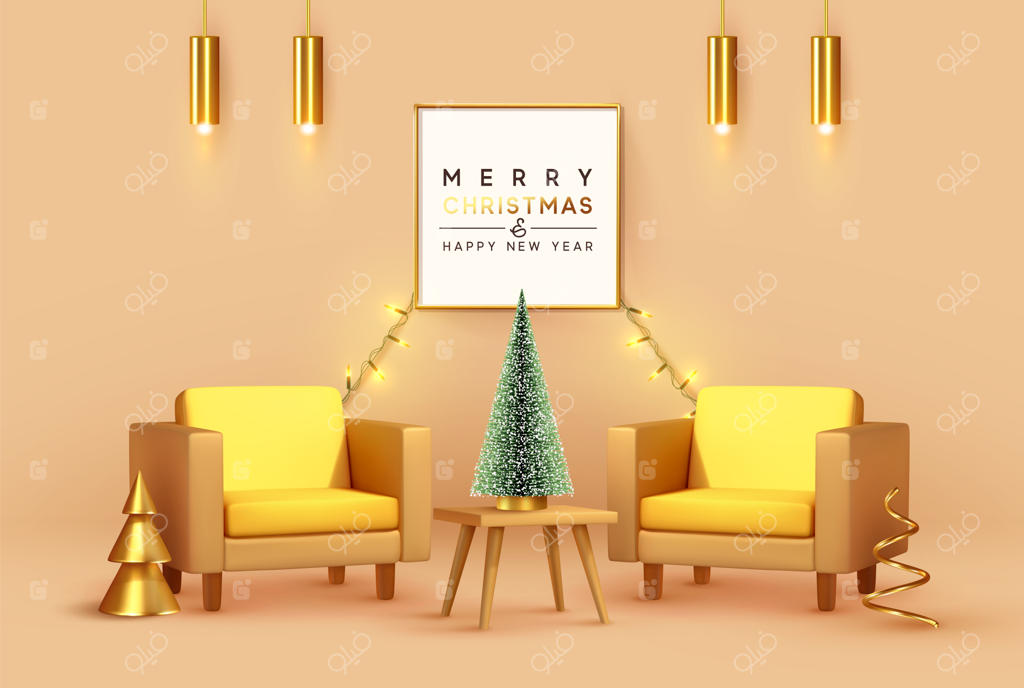 دکوراسیون داخلی کریسمس با اجسام سه‌بعدی واقعی، رنگ‌های بژ و طلایی، به همراه تصویرسازی وکتور