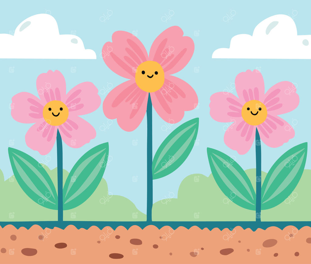 تصویر شادی از شخصیت‌های گل بامزه و خندان که در باغچه‌ای با خاک حاصلخیز و ابرهای نرم در بالای سرشان شکوفا شده‌اند، صحنه‌ای پرنشاط و خیالی را منعکس می‌کند.