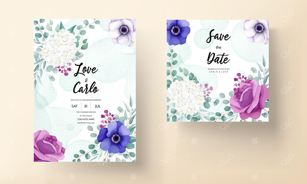 قالب کارت دعوت عروسی با طراحی گل رز و شقایق زیبا