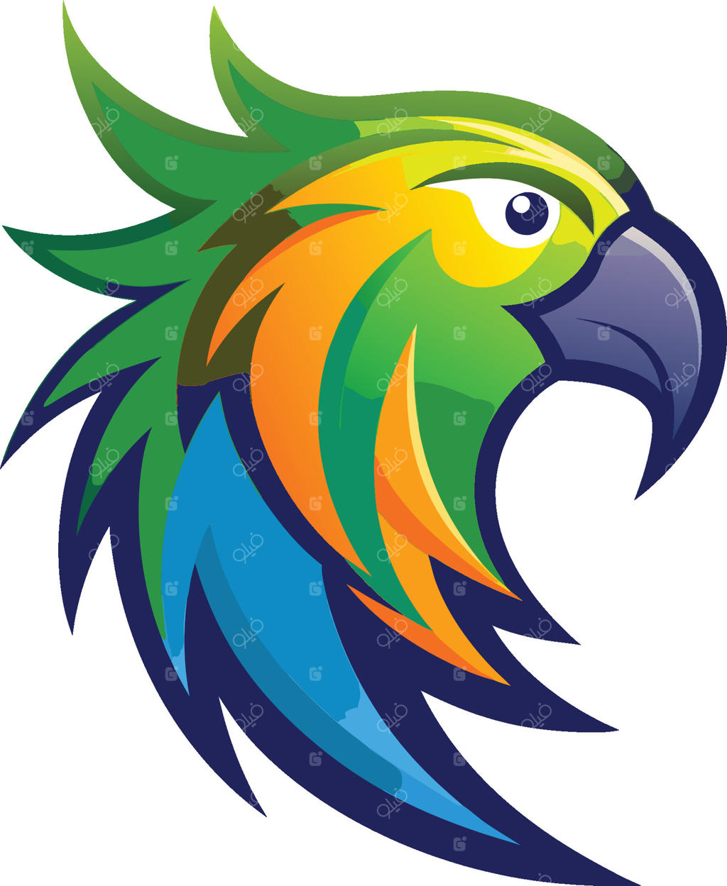 لوگوی سر طوطی استایل‌دار، رنگ‌های زنده، سبز زرد آبی نارنجی، طراحی گرافیکی شیک، خطوط منحنی تیز، نماد جسور، پروفایل پرنده گرمسیری، تصویر مدرن