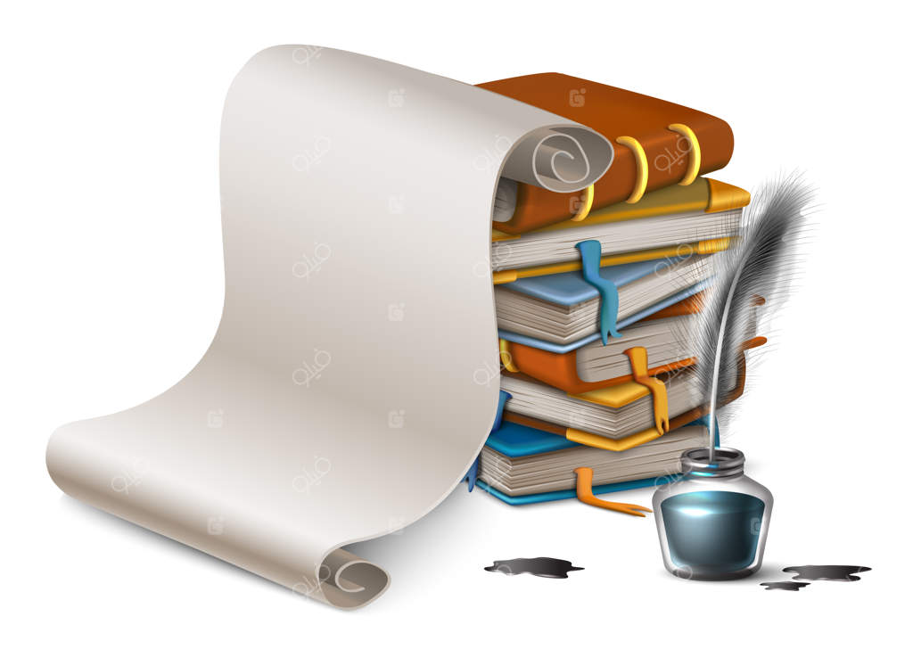 یک پشته کتاب به سبک کارتونی و کاغذ خالی.