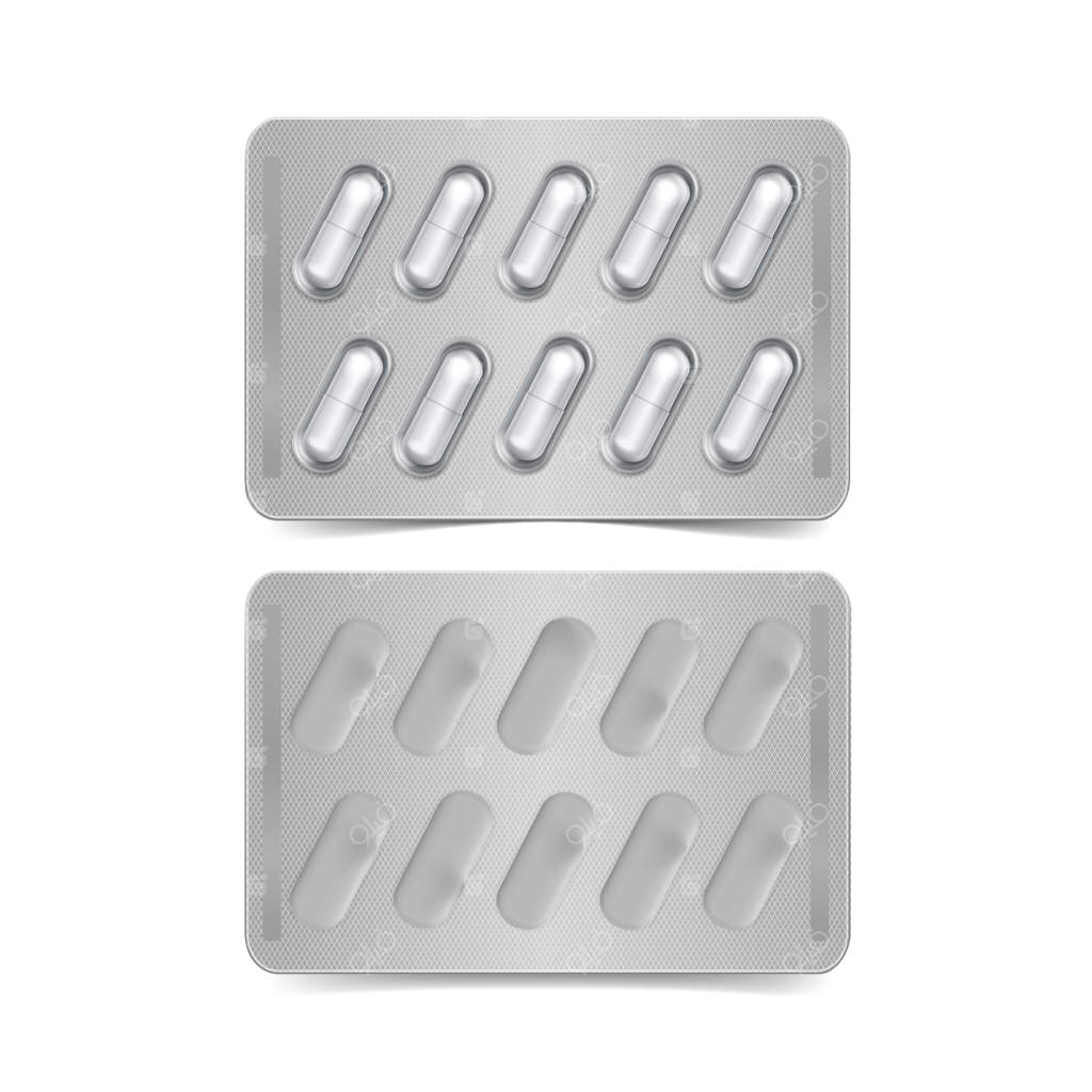 بسته‌ای از کپسول‌ها بر روی زمینه سفید