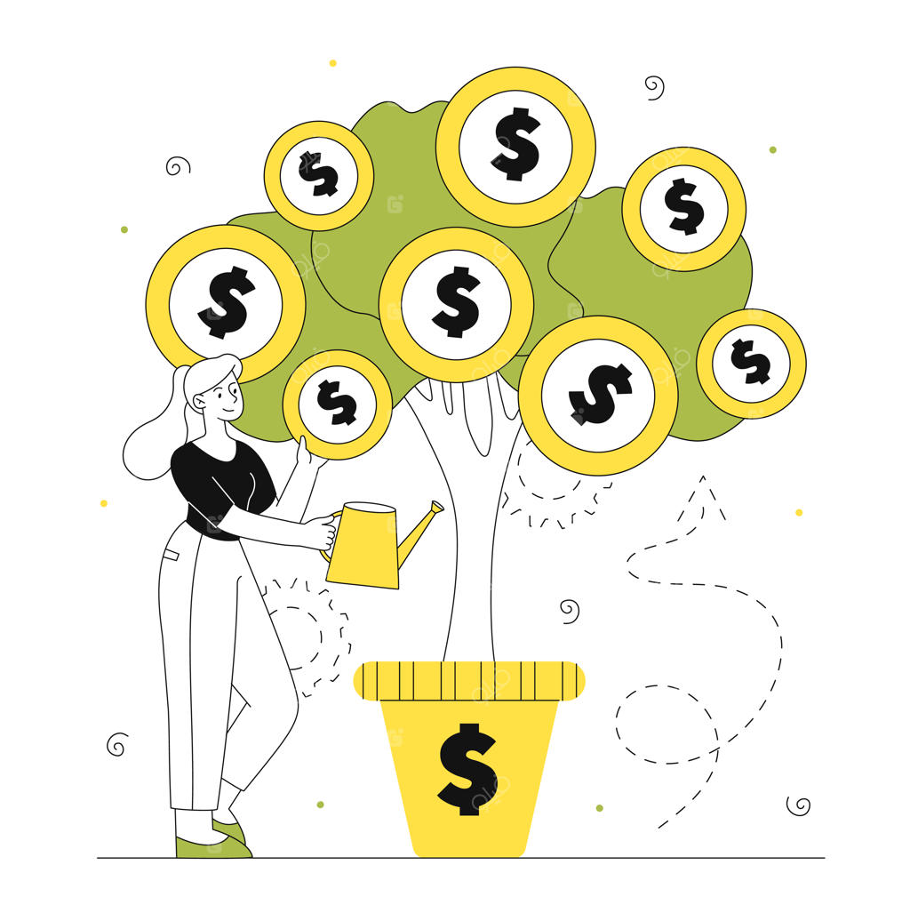 تصویرسازی وکتور خطی و تخت با مفهوم درخت پول؛ دختر جوان با آبپاش در کنار گیاه دلار و اسکناس، نماد سواد مالی و رشد درآمد غیرفعال