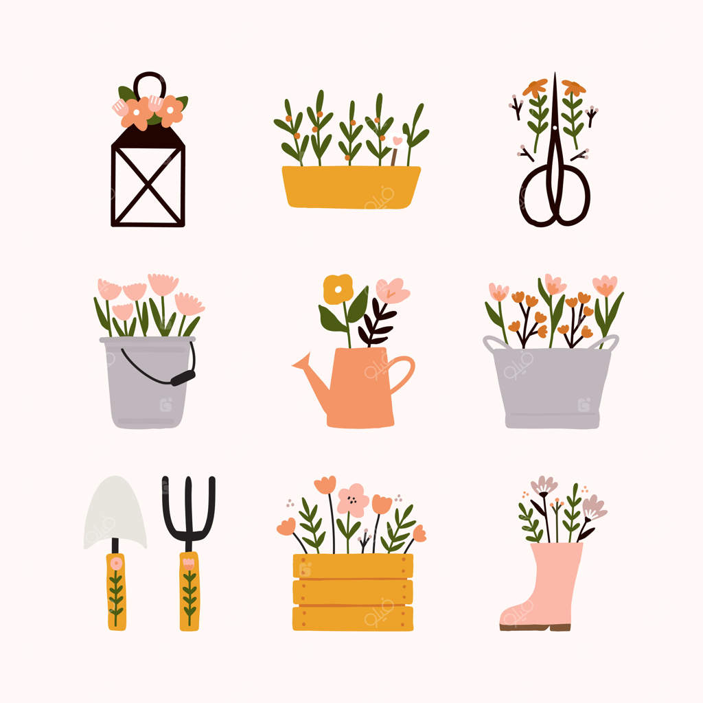 مجموعه بهاری: عناصر باغبانی شامل فانوس گل‌گلی، گلدان، قیچی، دلو، فروشگاه، آب‌پاش، سطل قدیمی، بیلچه، چنگک، جعبه چوبی، چکمه بارانی و تصویر گل‌ها.