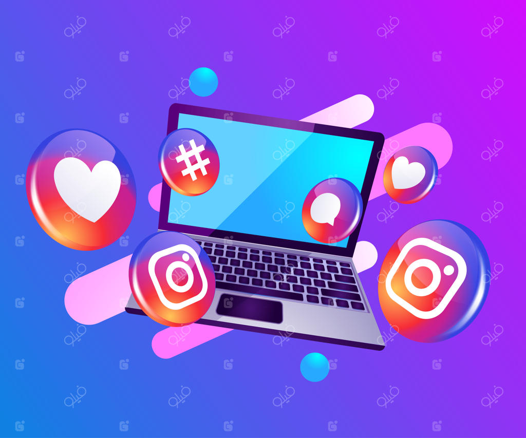 آیکون سه‌بعدی اینستاگرام در شبکه‌های اجتماعی با لپ‌تاپ دسکتاپ